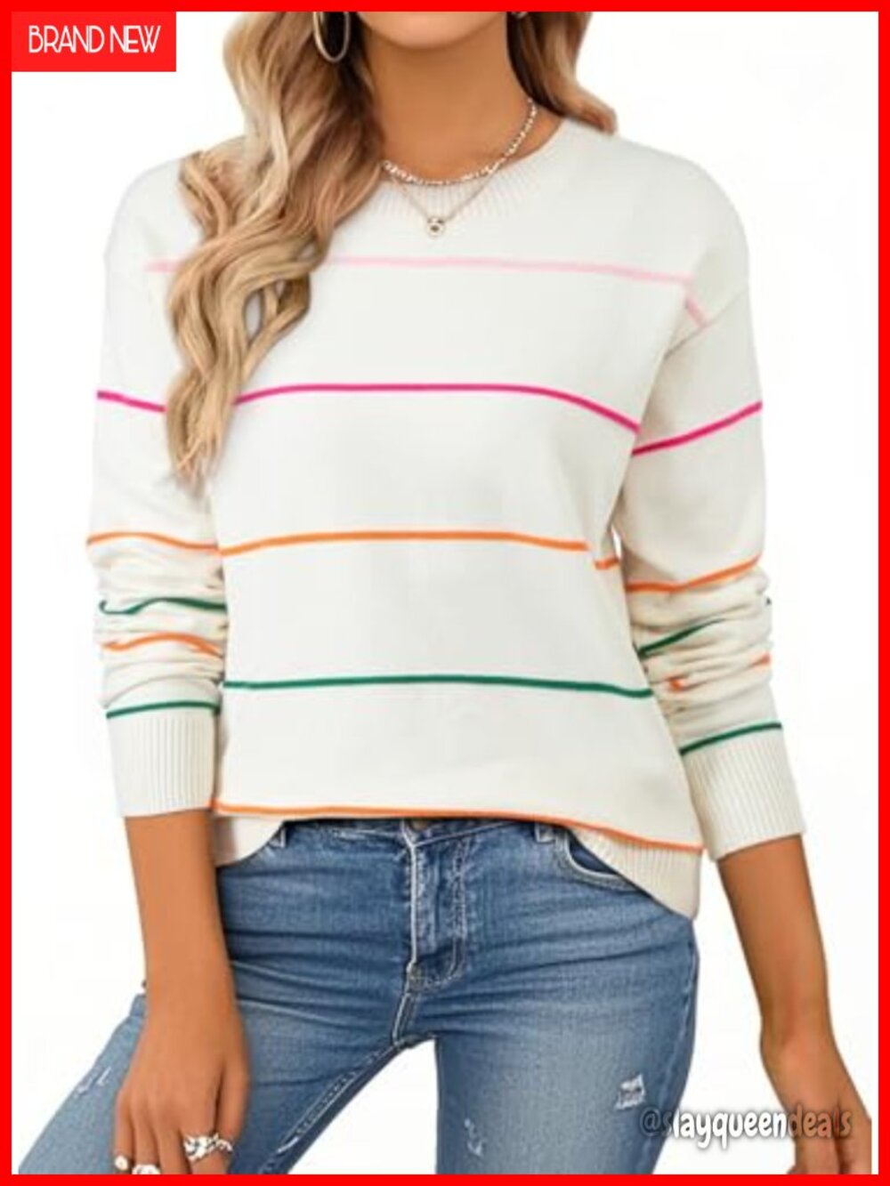 Womens Crew Neck Striped Knit Sweater Long Sleeve Loose Fit Pullover